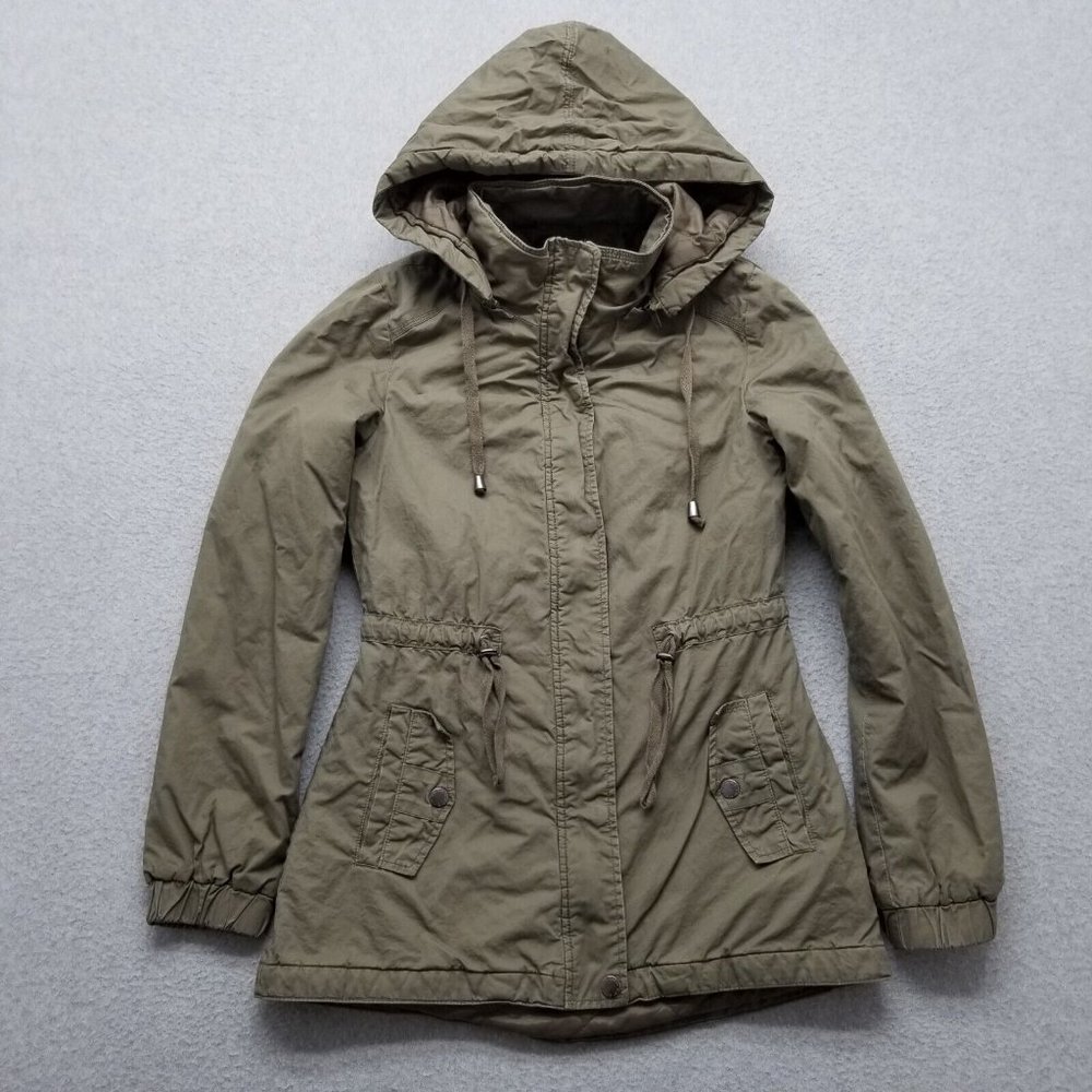 Guess Jacket Womens XS Beige Pockets Full Zip Snap Hooded Cotton